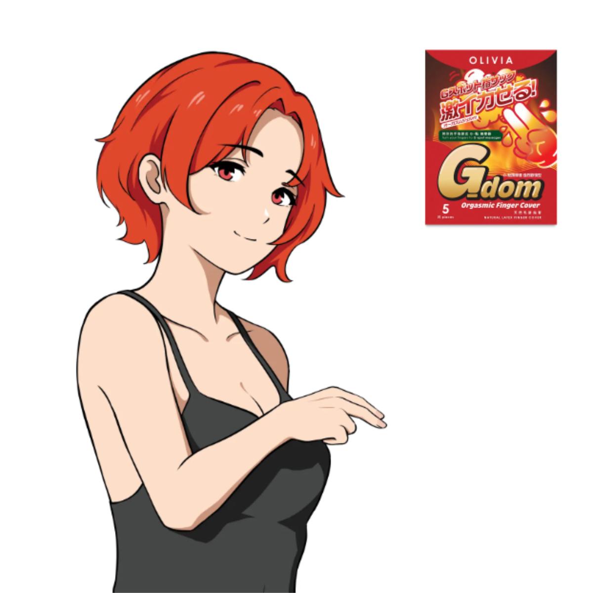 Anime-style illustration of a red-haired woman in a black tank top making a pointing gesture next to the red Olivia G-dom Orgasmic Finger Cover box artwork.