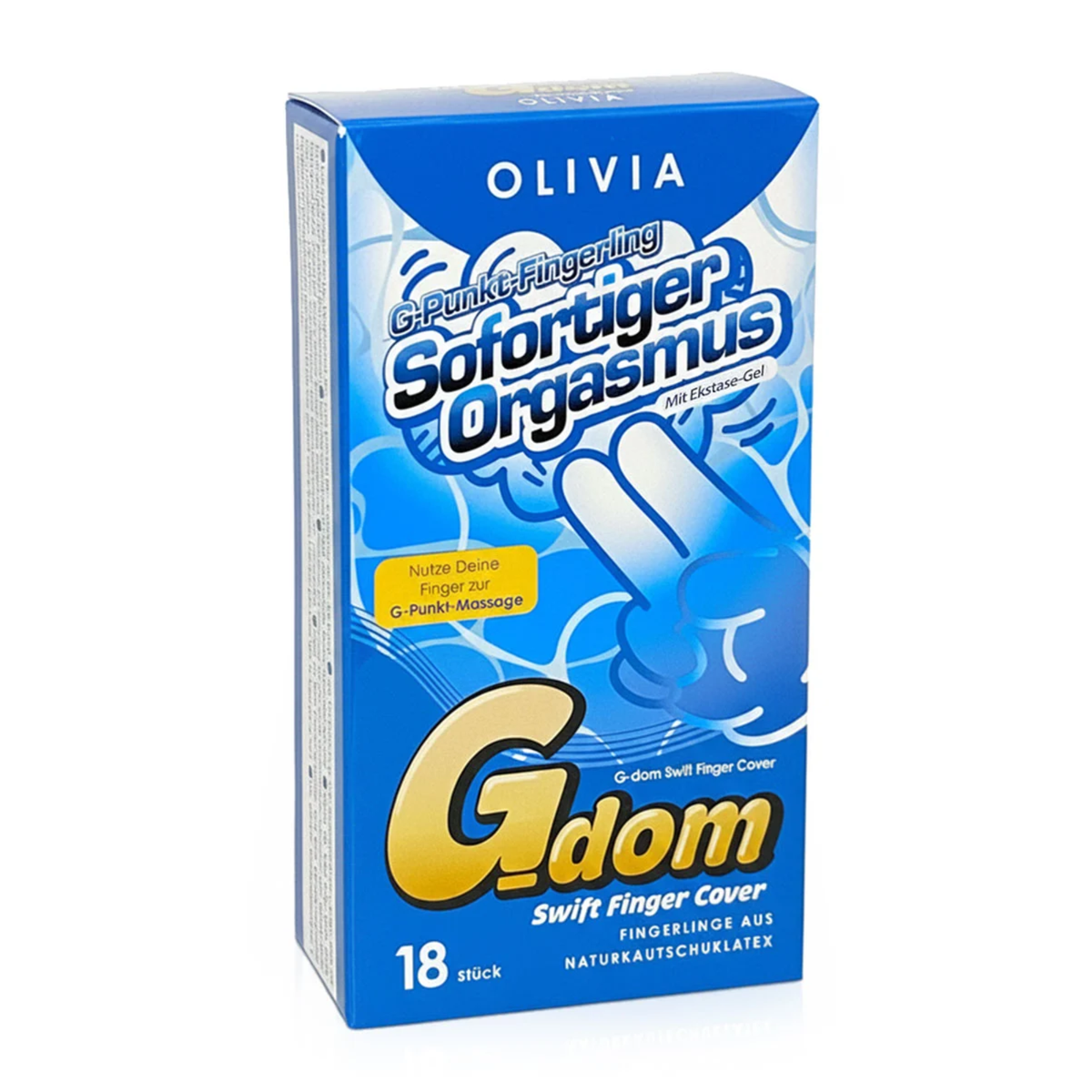 Studio product shot of the blue Olivia G-dom Swift Finger Cover 18-pack box standing upright at a three-quarter angle against a plain white background. Hauptbild