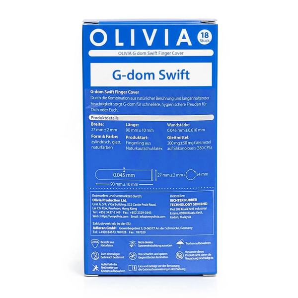 Rear view of the blue Olivia G-dom Swift Finger Cover 18-pack box, showing product dimensions, natural rubber latex specs, silicone lube details, safety icons, and manufacturer information in German.