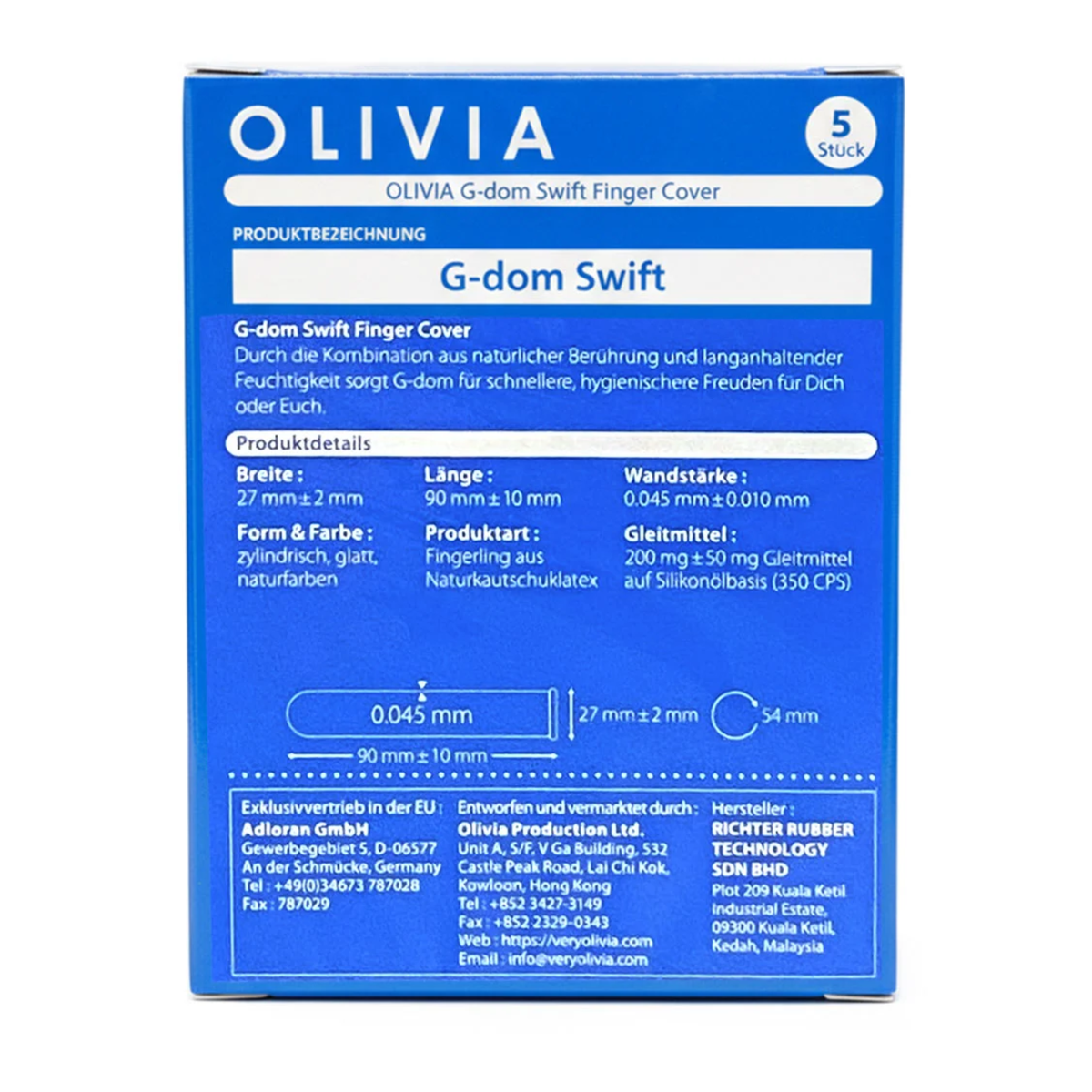 Rear view of the blue Olivia G-dom Swift Finger Cover 5-pack box, displaying product dimensions, material details, silicone lube specs, and manufacturer contacts in German.