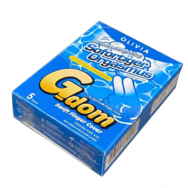 Angled front-side view of the plastic-wrapped Olivia G-dom Swift Finger Cover 5-pack box, featuring bold German product typography and a blue finger-peace gesture graphic over water graphics.