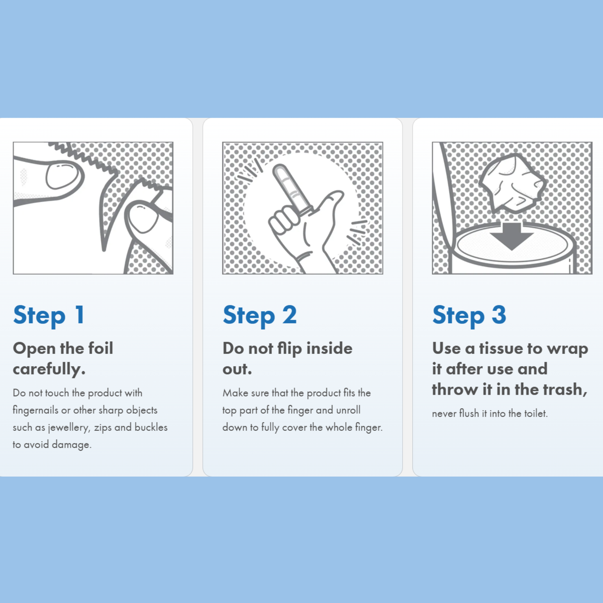 Three-step instruction graphic: Step 1 shows opening the foil carefully, Step 2 shows unrolling the cover onto a finger without flipping it, and Step 3 shows wrapping and disposing of it in the trash.