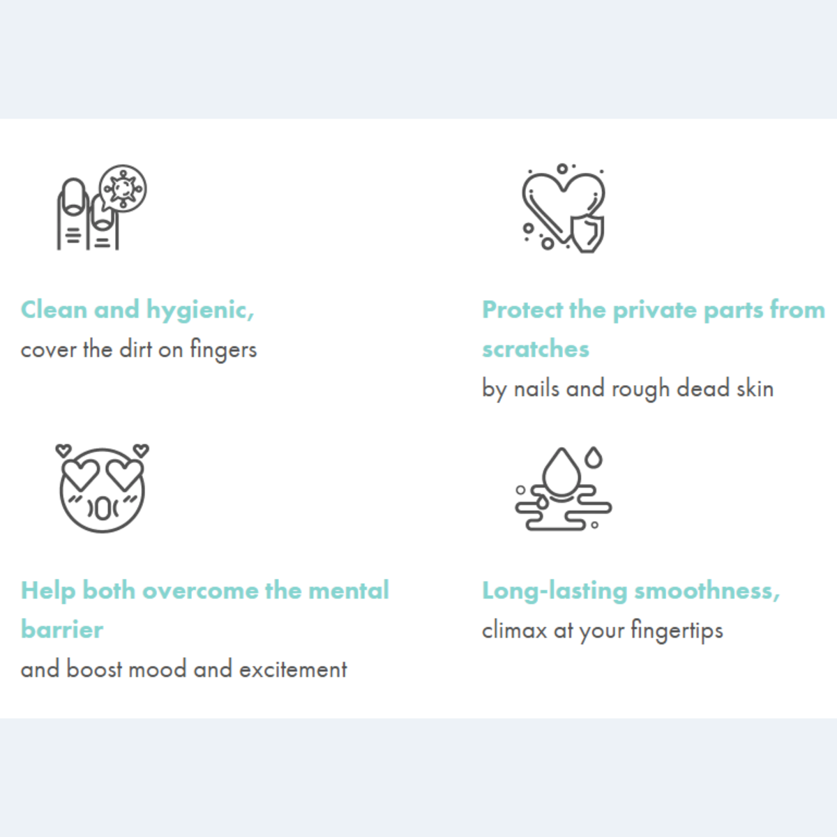Feature infographic with icons highlighting key benefits: clean and hygienic coverage, protection from nail scratches, mood and excitement boost, and long-lasting smoothness.