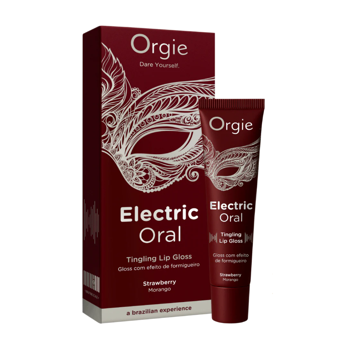 A product shot featuring a maroon box and a matching squeeze tube of Orgie brand "Electric Oral" Tingling Lip Gloss. The packaging is decorated with an intricate, white Venetian-style masquerade mask design. The text on both the box and the tube reads "Electric Oral Tingling Lip Gloss" in English, followed by "Gloss com efeito de formigueiro" in Portuguese, and denotes the flavor as "Strawberry / Morango." The bottom of the box includes the tagline "a brazilian experience." Hauptbild