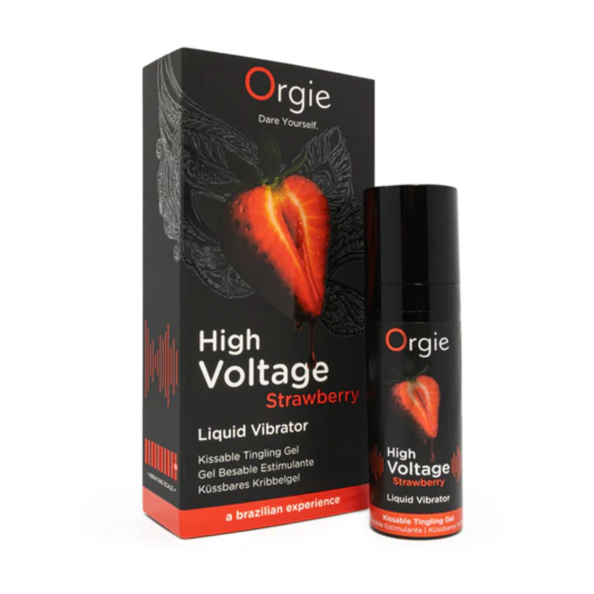 Orgie High Voltage Strawberry Liquid Vibrator bottle and box set in a white background. Hauptbild