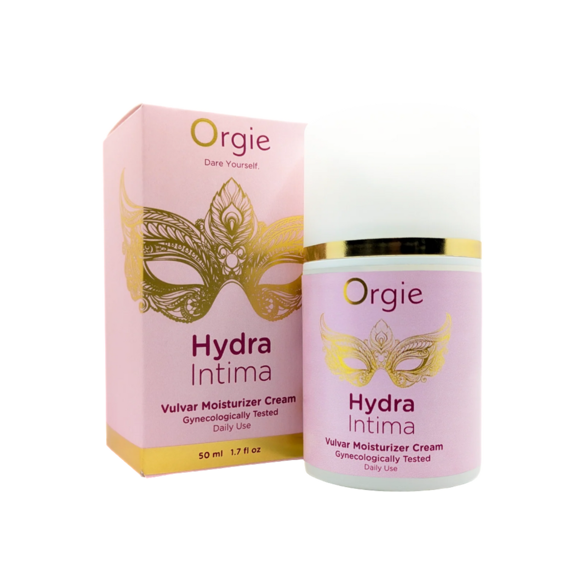 A pink box and white bottle of Orgie Hydra Intima Vulvar Moisturizer Cream. The box and bottle have gold text and a gold ornate mask illustration on them. The box specifies "50 ml 1.7 fl oz" and that the product is "Gynecologically Tested" and for "Daily Use." Hauptbild