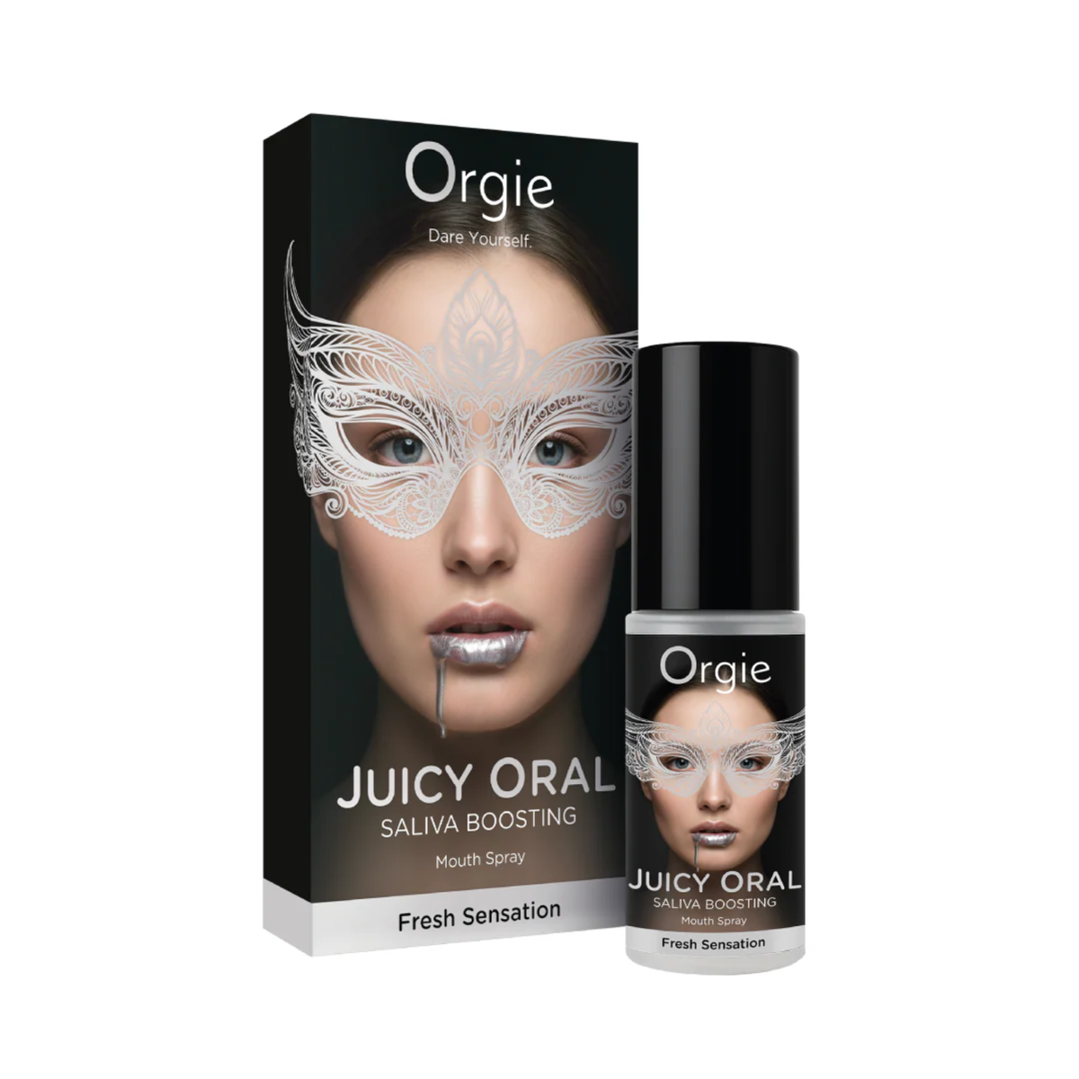 A box and bottle for Orgie Juicy Oral Saliva Boosting Mouth Spray. The packaging features a woman's face wearing an intricate white lace mask, with metallic silver liquid on her lips. The text reads "Fresh Sensation" at the bottom against a clean black and white design. Hauptbild