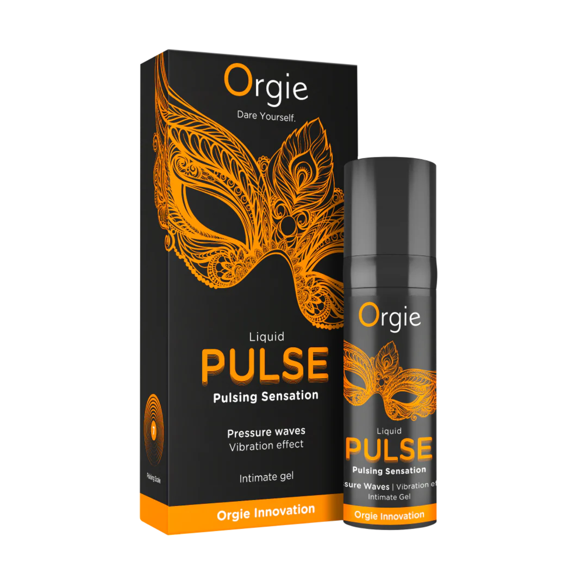 A box and pump bottle for Orgie Liquid Pulse Pulsing Sensation Gel. The design is matte black with a large, ornate orange lace masquerade mask. Text on the box highlights "Pressure waves" and "Vibration effect," labeling it as an "Intimate gel" and part of the "Orgie Innovation" line. Hauptbild