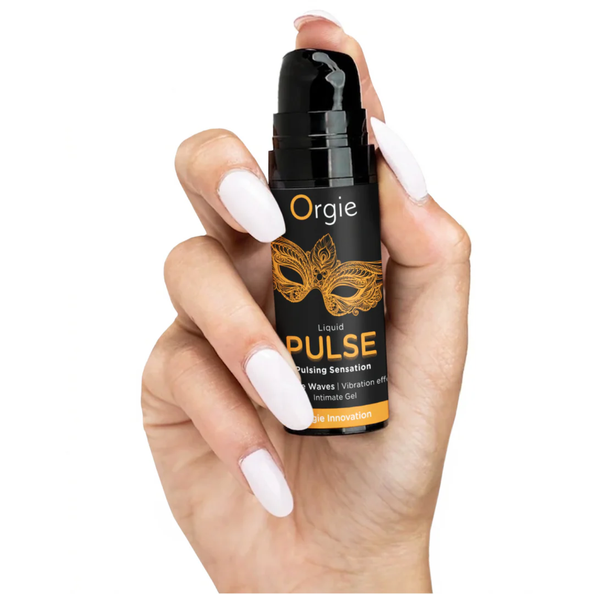 A hand with long white manicured nails holds the 15ml bottle of Orgie Liquid Pulse. The cap is removed to show a black pump dispenser. The small size of the bottle emphasizes its portability and ease of use.