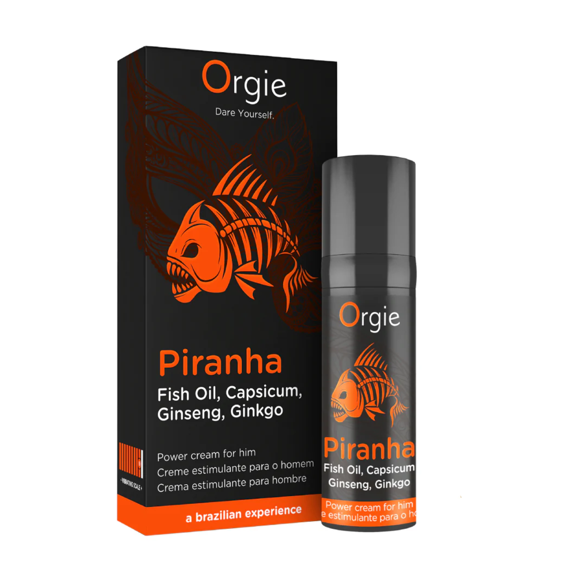 A product box and spray bottle for Orgie Piranha Power Cream for Him. The packaging is matte black with vibrant orange accents and features a stylized orange piranha skeleton logo. The text lists key ingredients: Fish Oil, Capsicum, Ginseng, and Ginkgo, with the tagline "a Brazilian experience. Hauptbild