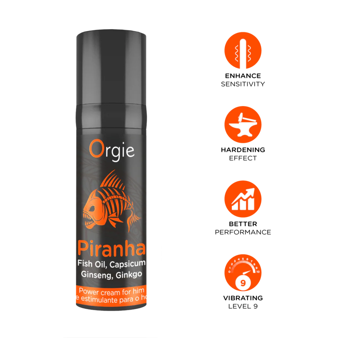 A bottle of Orgie Piranha Power Cream next to four descriptive icons. The icons indicate "Enhance Sensitivity," "Hardening Effect," and "Better Performance." A fourth icon features a "Vibrating Level" gauge set to level 9, suggesting a high-intensity tingling or sensory effect.