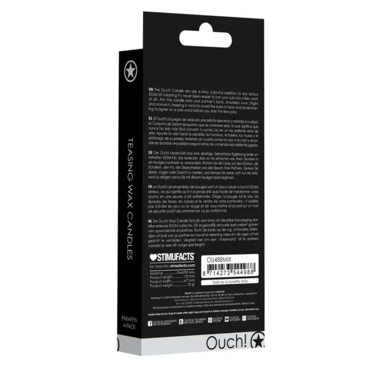 Back of the packaging for the Ouch! Teasing Wax Candles Paraffin 4-Pack with product information and dimensions.