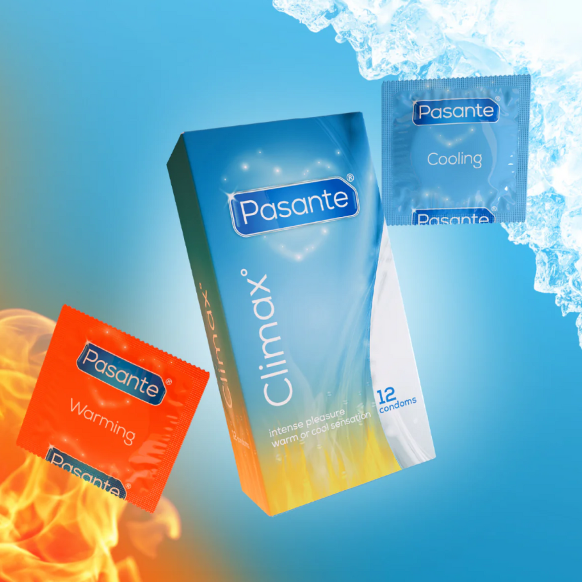 An image of a Pasante Climax condom box and two individual condom wrappers. A light blue "Cooling" wrapper is shown in the upper right, surrounded by an icy, frozen background. An orange "Warming" wrapper is shown in the lower left, surrounded by flames.