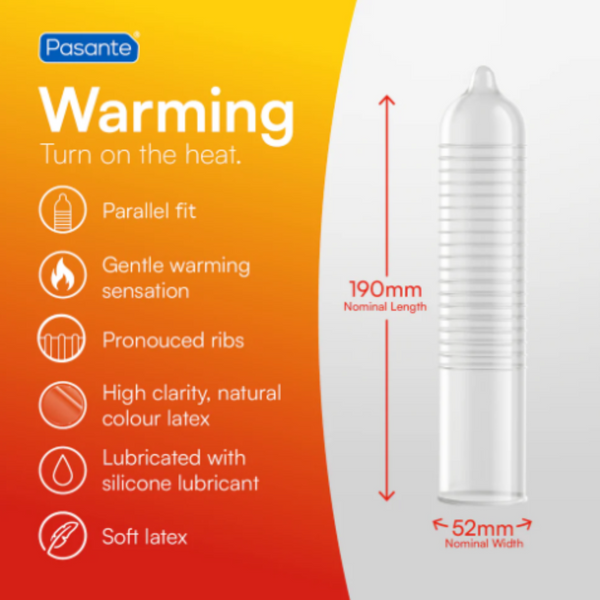 Information of a Pasante Climax Warming condom. On the left side, a list of features is provided: "Warming Turn on the heat," "Parallel fit," "Gentle warming sensation," "Pronounced ribs," "High clarity, natural colour latex," "Lubricated with silicone lubricant," and "Soft latex." On the right side, an illustration of a single ribbed condom is shown with its dimensions. The nominal length is 190mm and the nominal width is 52mm.