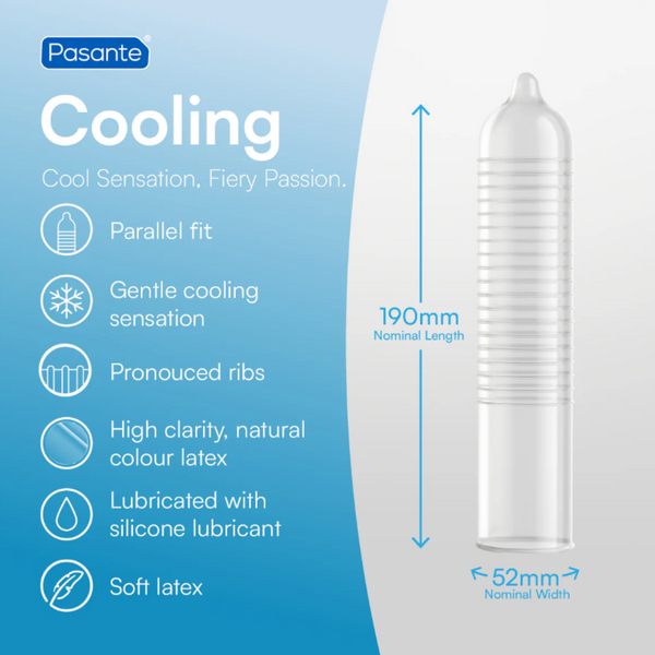 Information of a Pasante Climax Cooling condom. On the left side, a list of features is provided: "Cooling Cool Sensation, Fiery Passion," "Parallel fit," "Gentle cooling sensation," "Pronounced ribs," "High clarity, natural colour latex," "Lubricated with silicone lubricant," and "Soft latex." On the right side, an illustration of a single ribbed condom is shown with its dimensions. The nominal length is 190mm and the nominal width is 52mm.