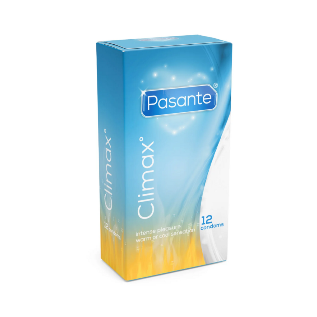 A Pasante Climax condom box. The box is blue and white. The name "Pasante" is written in blue letters inside a heart shape. Below the name are the words "Climax". The box contains 12 condoms. Hauptbild