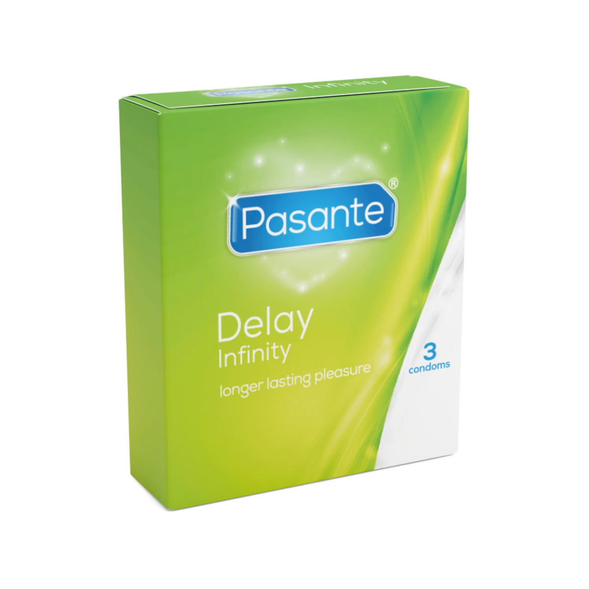 A Pasante Delay Infinity condom box. The box is light green and white. The name "Pasante" is written in blue letters in the middle of the box. Below the name are the words "Delay Infinity". The box contains 3 condoms. Hauptbild