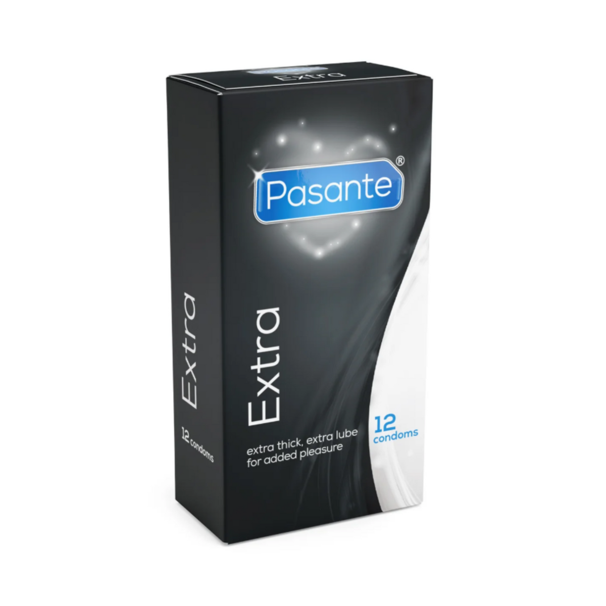 A Pasante Extra condom box. The box is black with a white heart shape on the front. The name "Pasante" is written in blue letters inside the heart, with the word "Extra" below it. The box contains 12 condoms, which are extra thick and have extra lube for "added pleasure." Hauptbild
