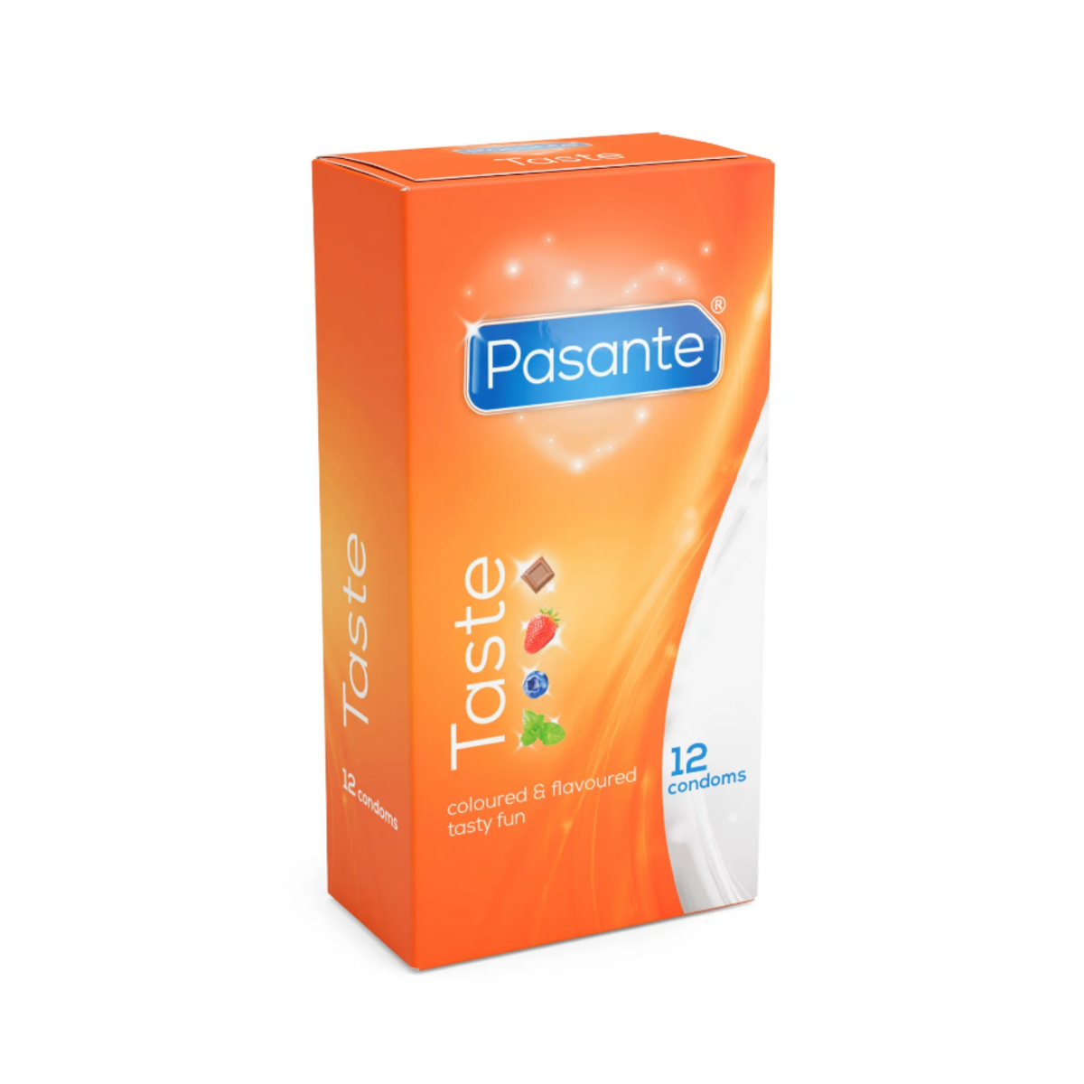A box of Pasante Taste Flavours condoms. The box is orange and white, with the brand name at the top. The box contains 12 condoms.