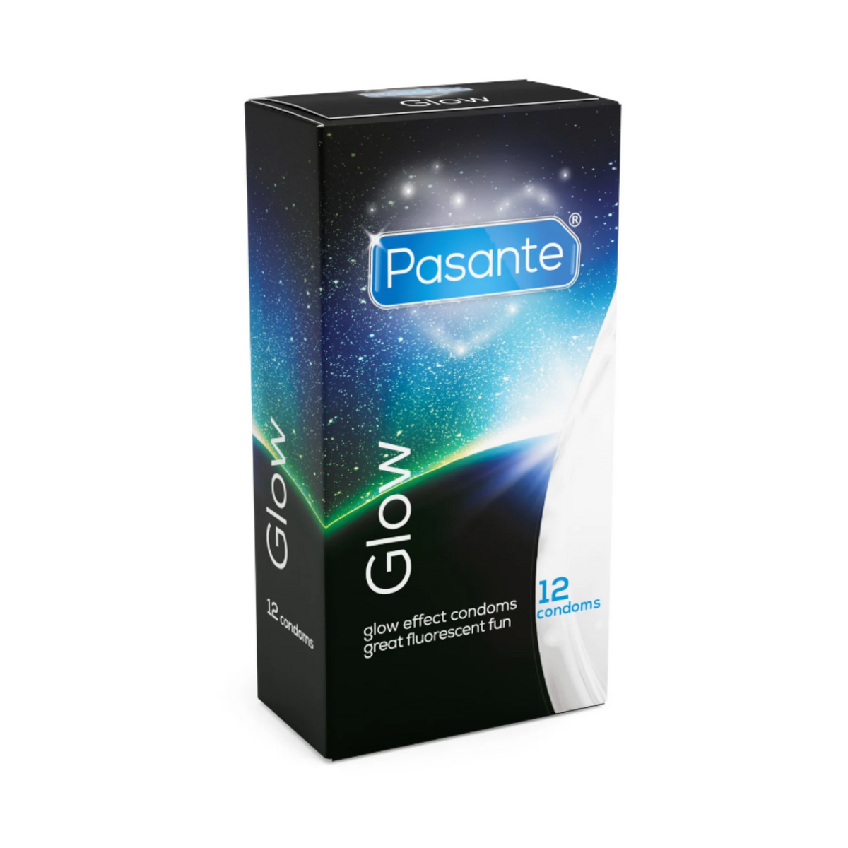A box of 'Pasante Glow' condoms. The box is black with a glowing, blue and white cosmic design. The box contains 12 condoms. Hauptbild