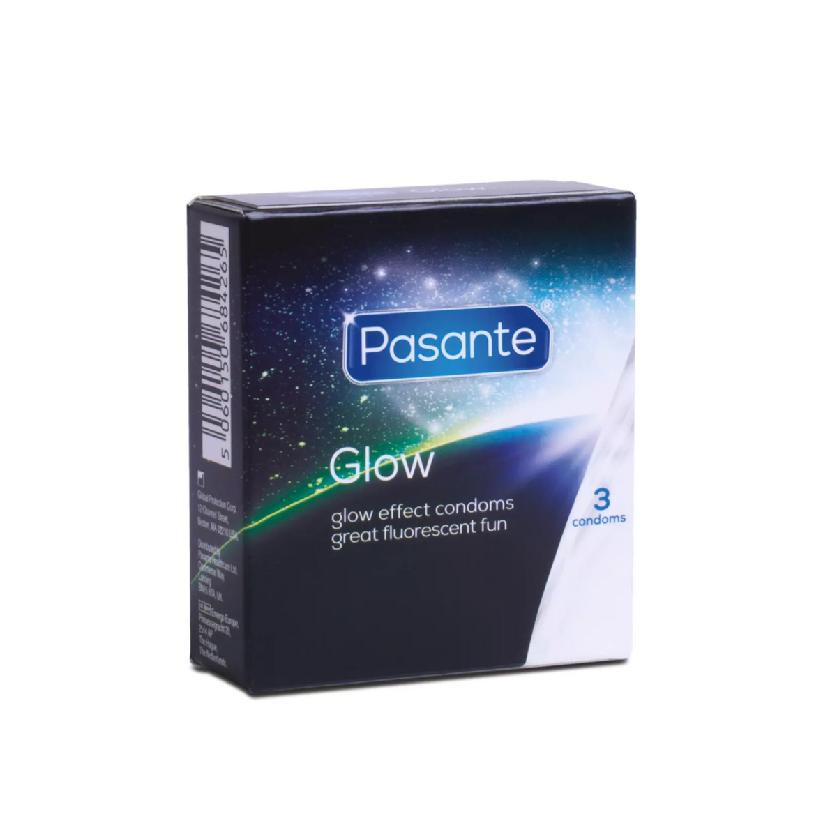 A box of 'Pasante Glow' condoms. The box is black with a glowing, blue and white cosmic design. The box contains 3 condoms. Hauptbild