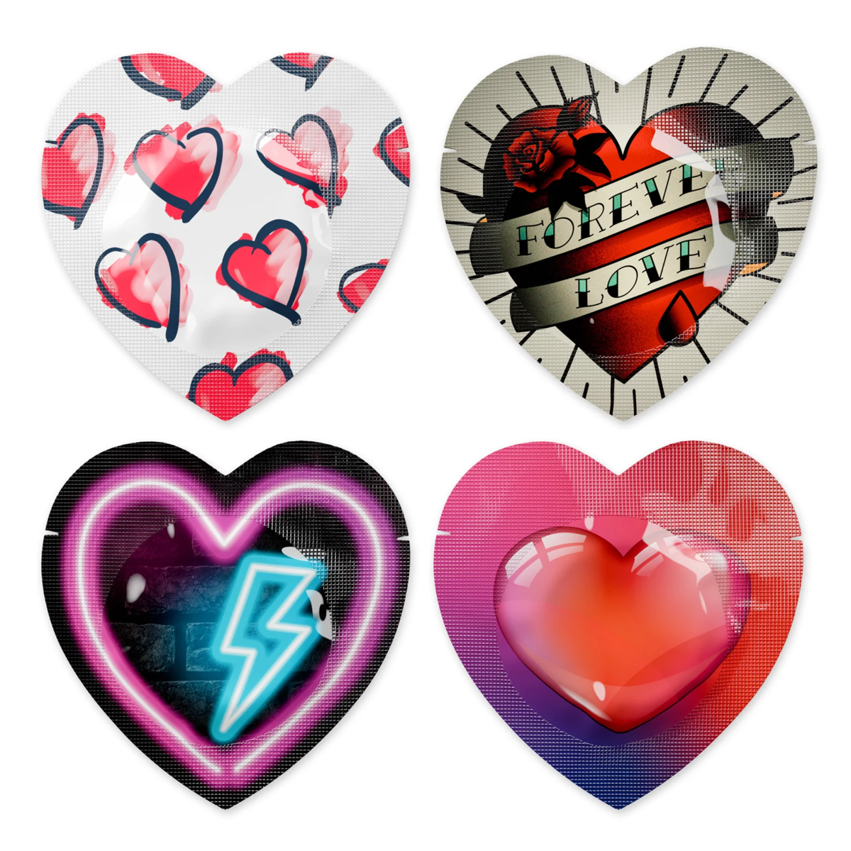 Four colorful heart-shaped Pasante Heart condom foils with themed designs (e.g., neon, tattoo-style). Hauptbild