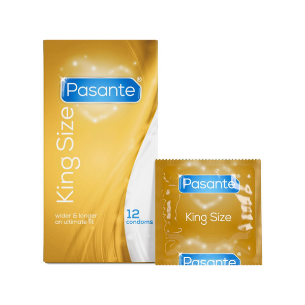 Pasante King Size Box of 12 and one piece condom in the white background