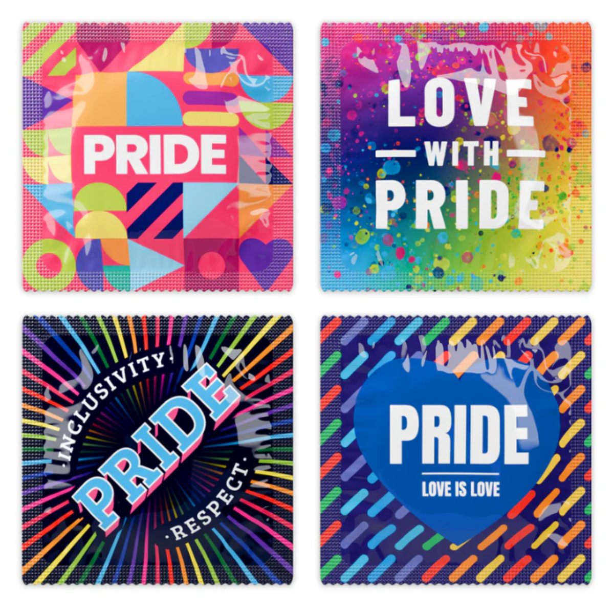 Pasante Pride individual condom wrappers in four different colourful designs. Hauptbild