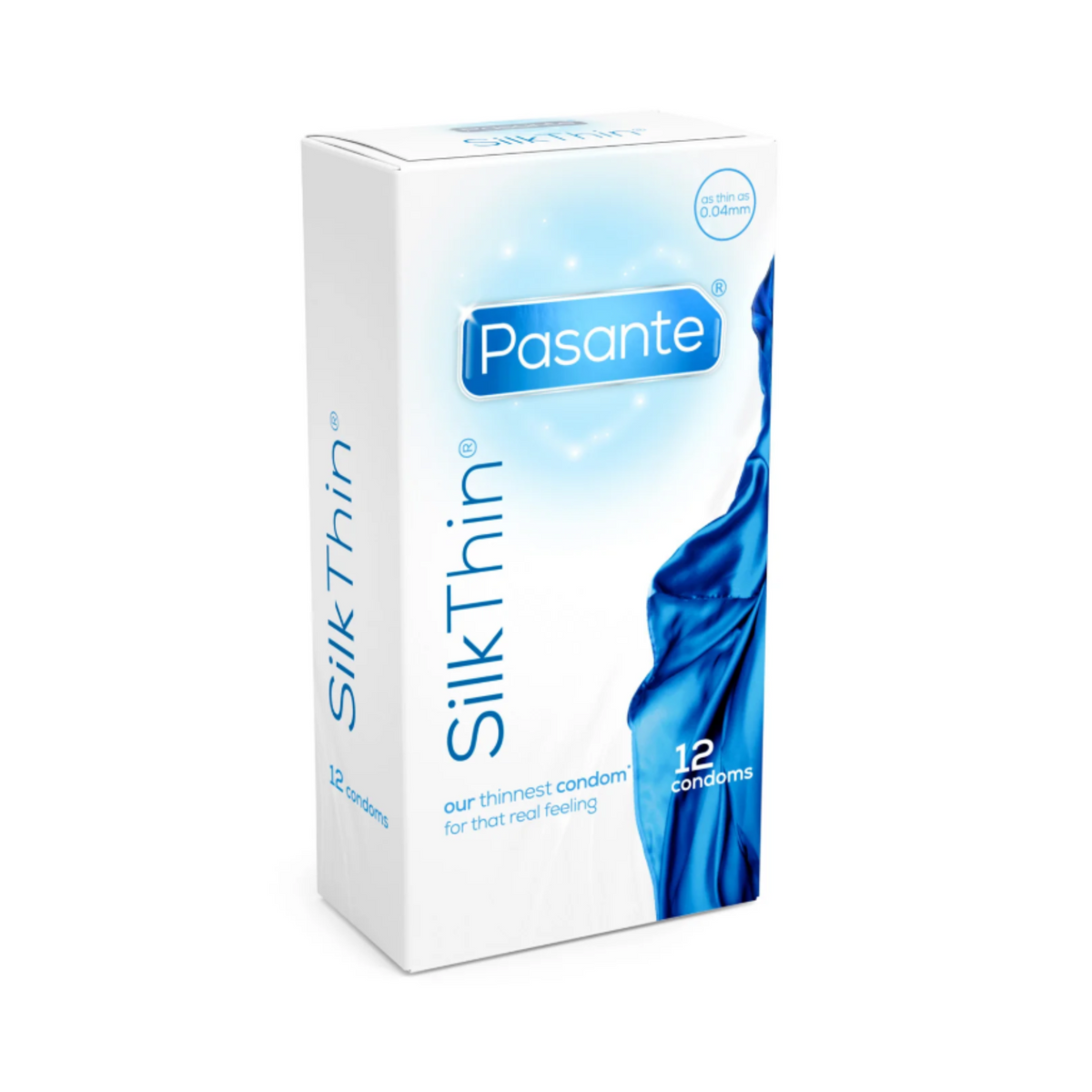 A Pasante Silk Thin condom box. The box is white and light blue. The name "Pasante" is written in blue letters in the middle of the box, with the words "Silk Thin" below it. The box contains 12 condoms. Hauptbild
