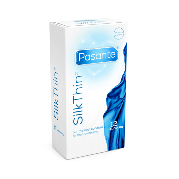 A Pasante Silk Thin condom box. The box is white and light blue. The name "Pasante" is written in blue letters in the middle of the box, with the words "Silk Thin" below it. The box contains 12 condoms.