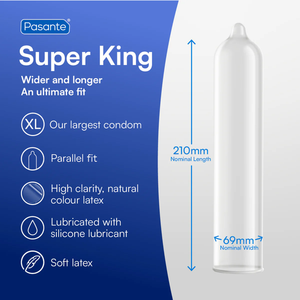 Pasante Super King XL condom packaging graphic showing a transparent condom illustration with dimensions labeled 210mm nominal length and 69mm nominal width. Text highlights it as Pasante’s largest condom with a parallel fit, soft natural-color latex, and silicone lubricant.