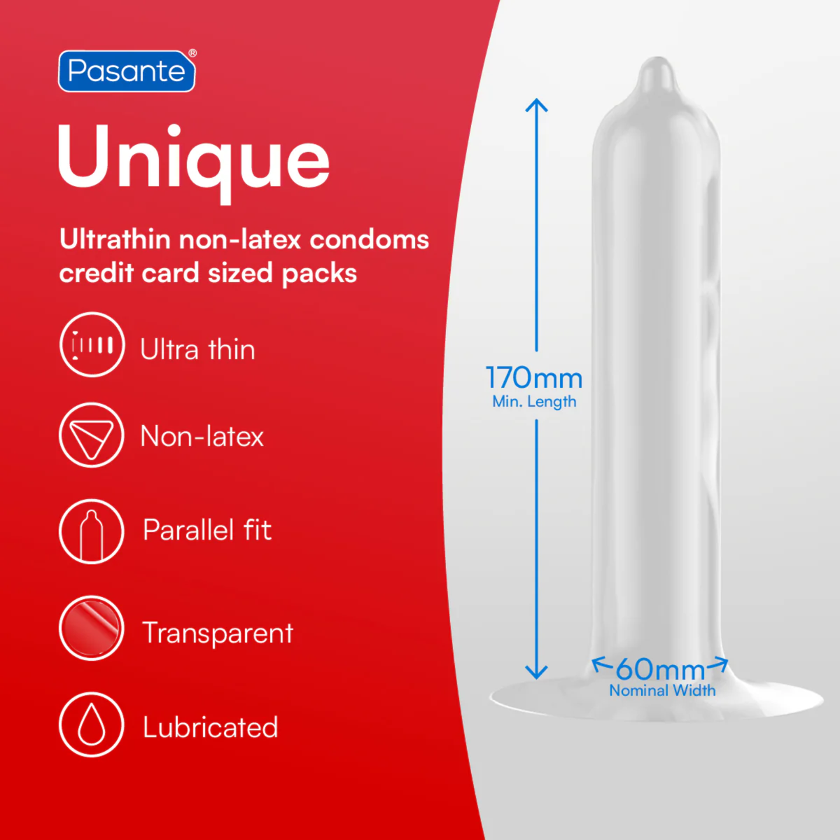 A promotional graphic for Pasante Unique condoms featuring a large red and white split background. The left side lists product features with icons: ultra thin, non-latex, parallel fit, transparent, and lubricated. The right side shows a transparent condom with blue arrows indicating a minimum length of 170mm and a nominal width of 60mm.