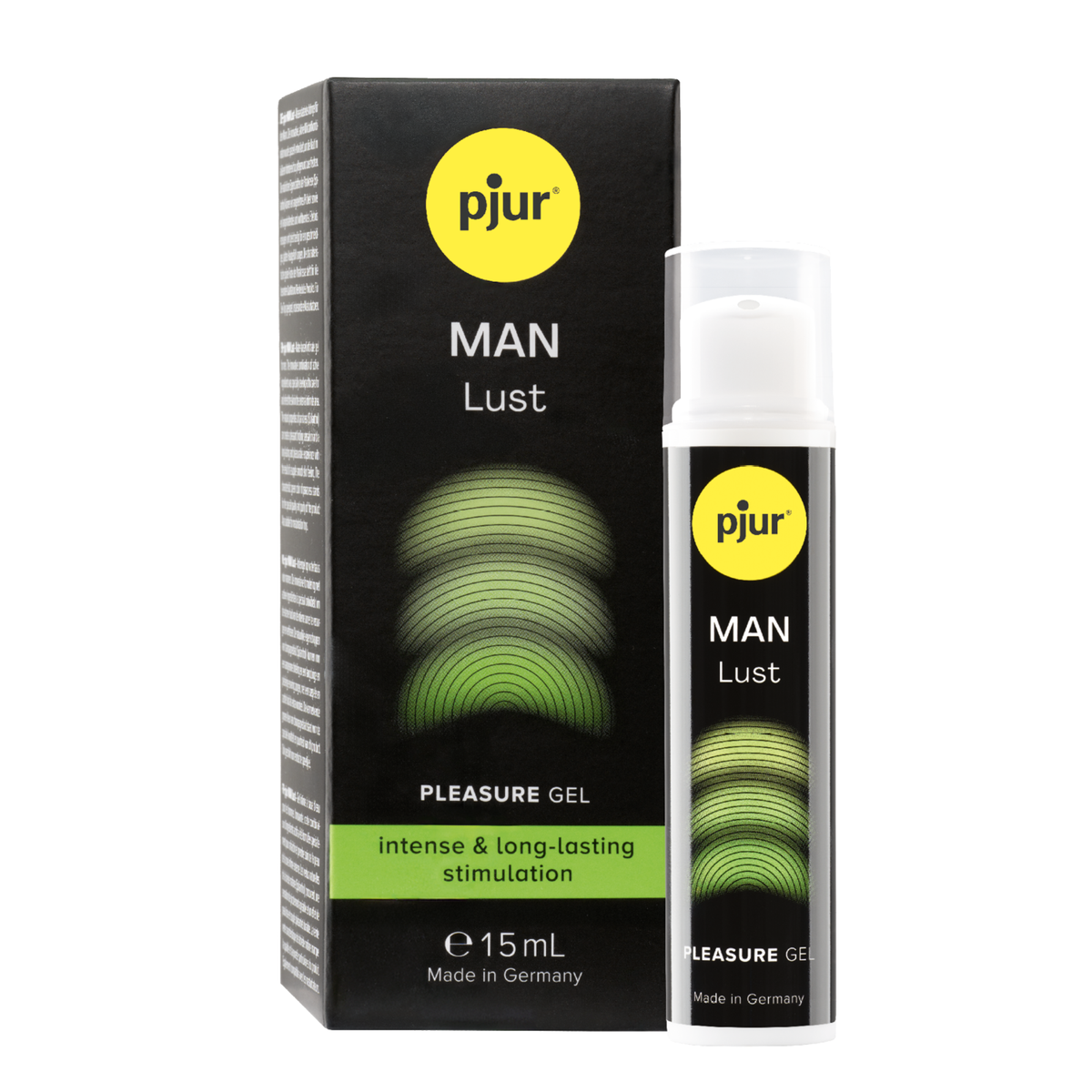 Direct studio shot showing the 15 ml (0.5 fl oz) Pjur Man Lust pleasure gel bottle with its clear overcap standing next to its black packaging box. Hauptbild