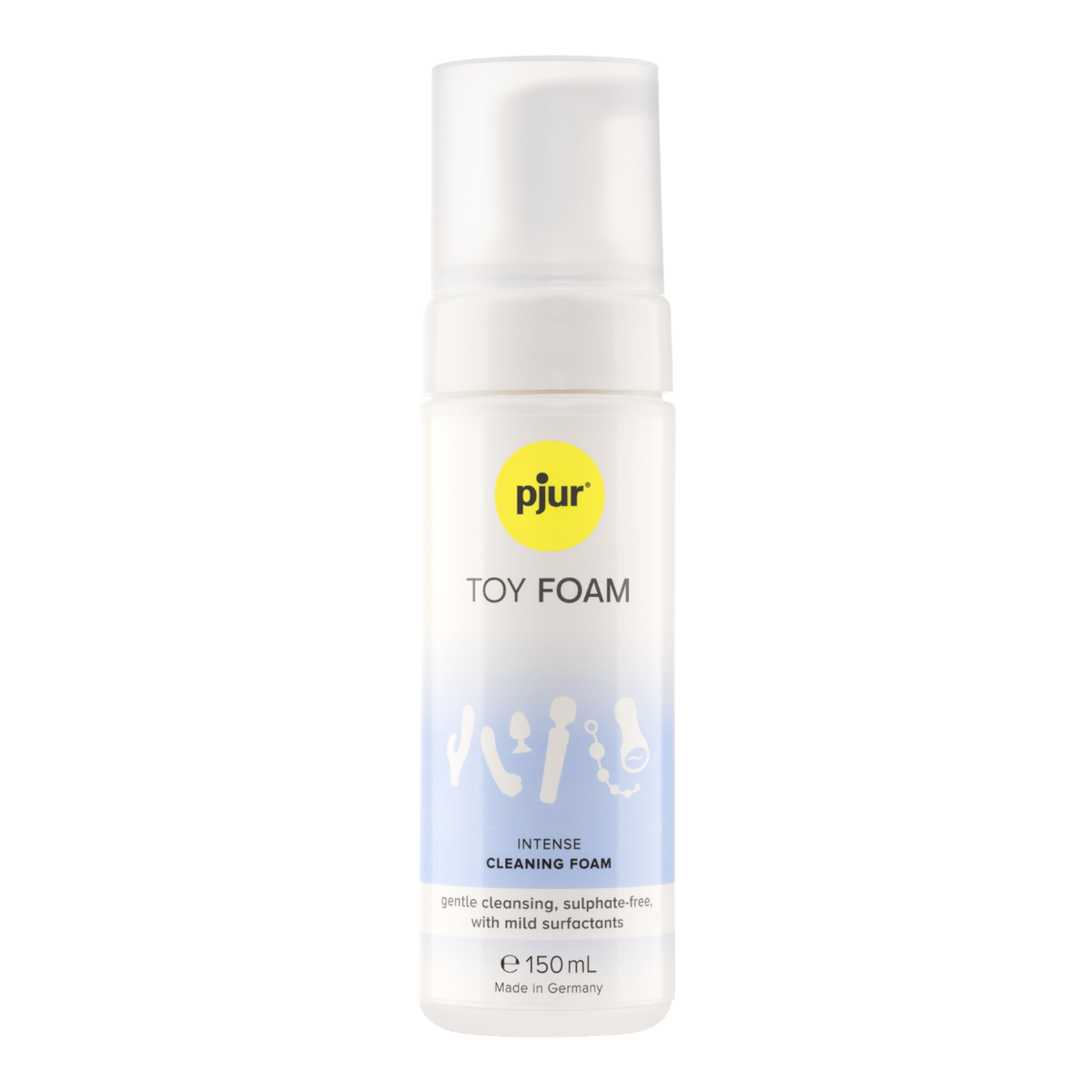 Direct studio shot of the 150 ml (5 fl oz) white pump bottle of Pjur Toy Foam intense cleaning foam with a clear cap. Hauptbild
