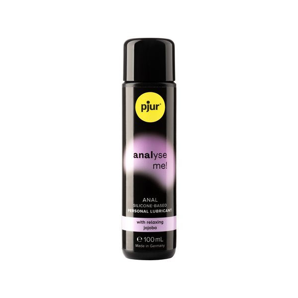A black bottle of pjur "analyse me!" 100ml anal silicone-based personal lubricant with relaxing jojoba is shown against a white background.