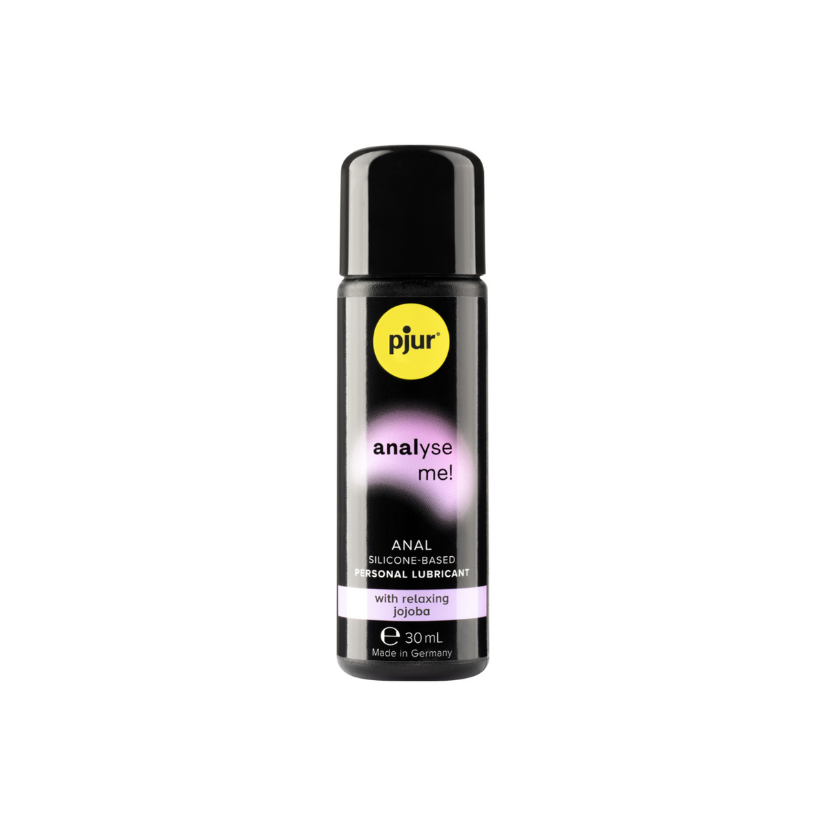 A black bottle of pjur "analyse me!" 30ml anal silicone-based personal lubricant with relaxing jojoba is shown against a white background.