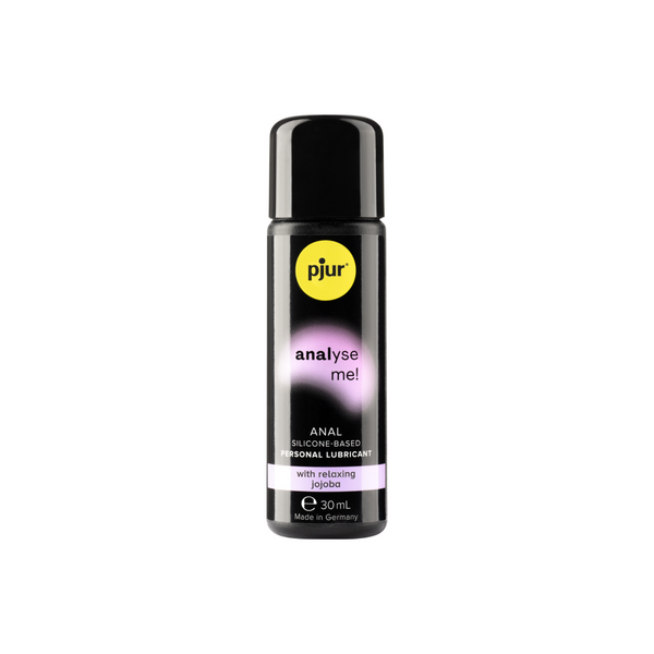 A black bottle of pjur "analyse me!" 30ml anal silicone-based personal lubricant with relaxing jojoba is shown against a white background.