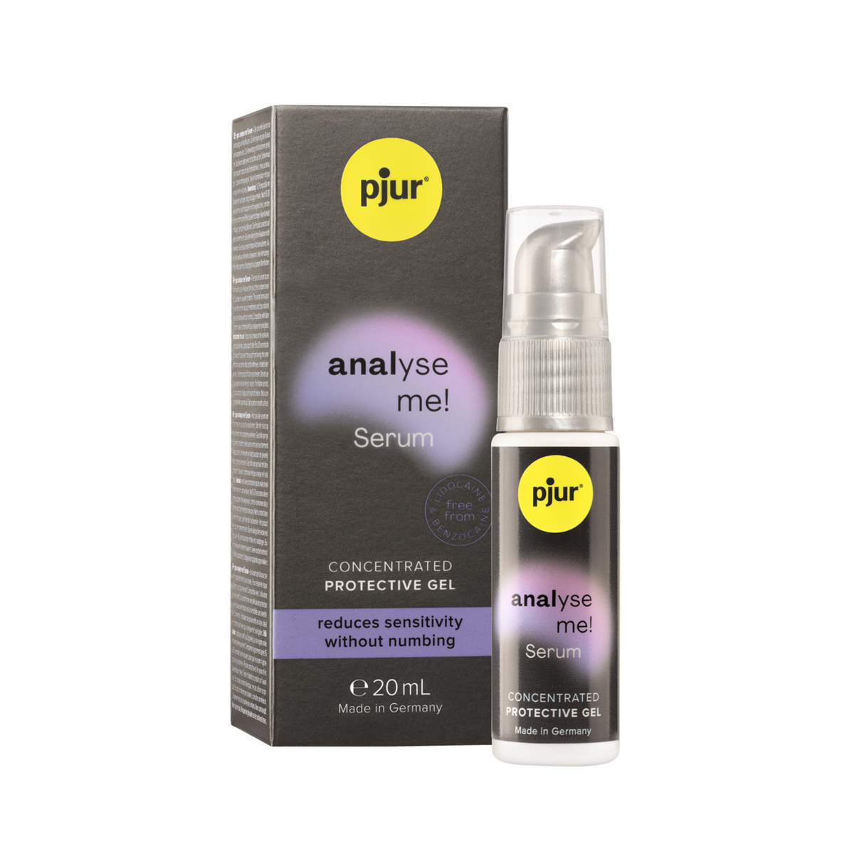 A gray box and a clear pump bottle of pjur "analyse me! Serum" are presented against a white background.  Hauptbild