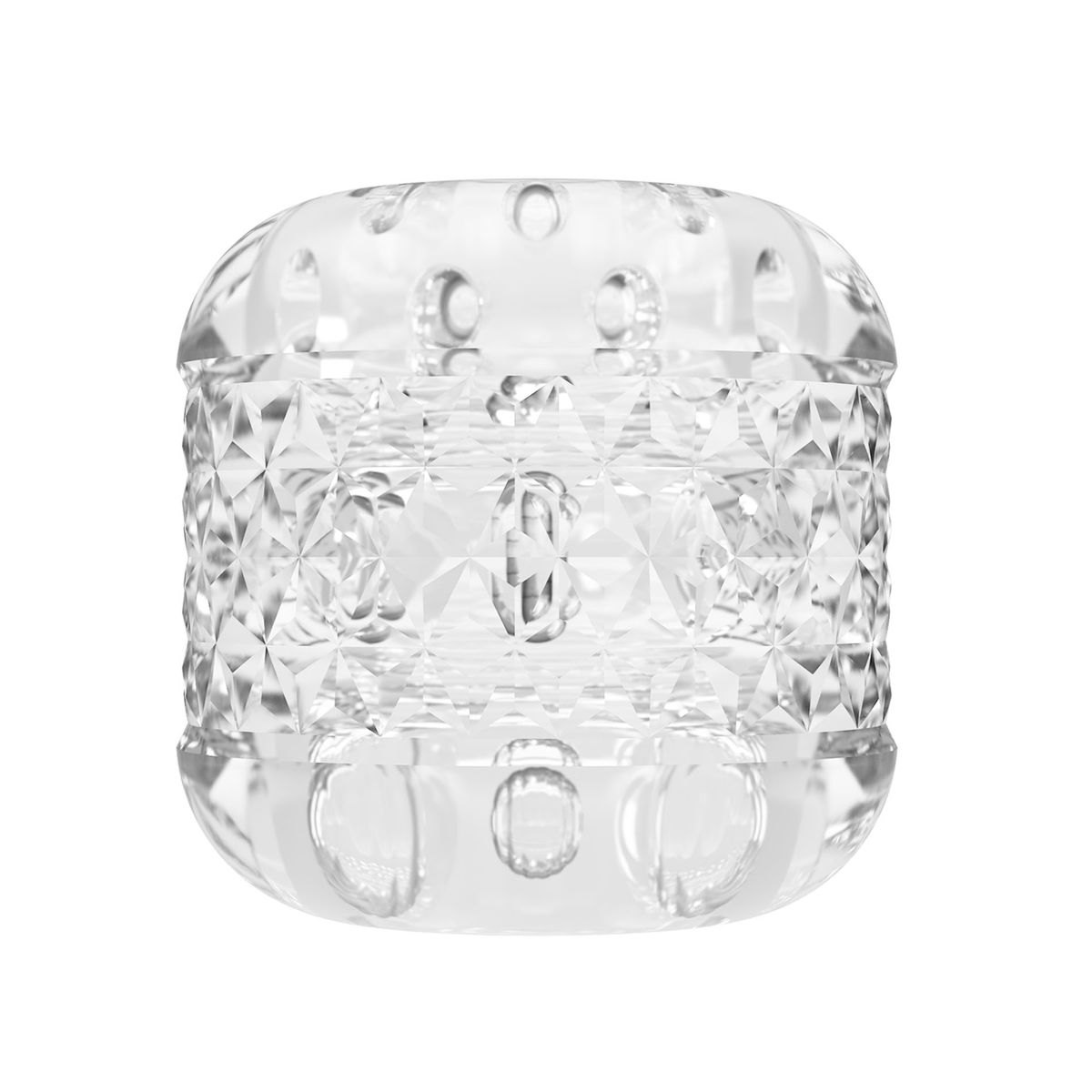 Side profile shot of the compact, clear Crystle masturbator sleeve highlighting its geometric diamond-patterned center band.
