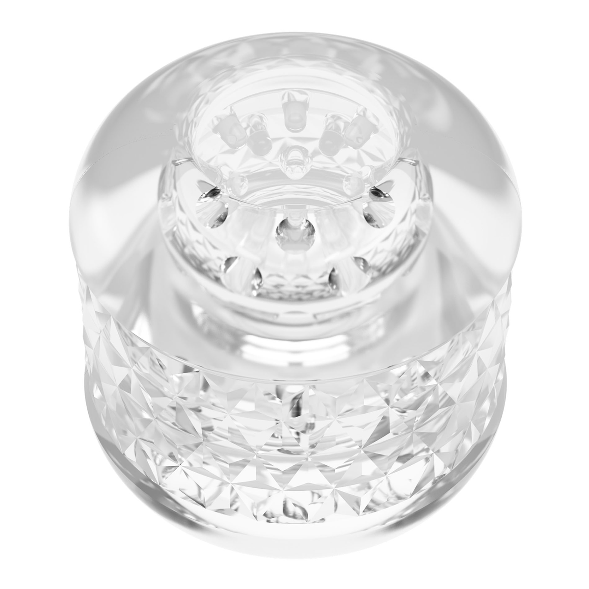 High-angle studio view of the clear Crystle masturbator sleeve standing upright, showcasing its smooth entry collar and geometric textured body.