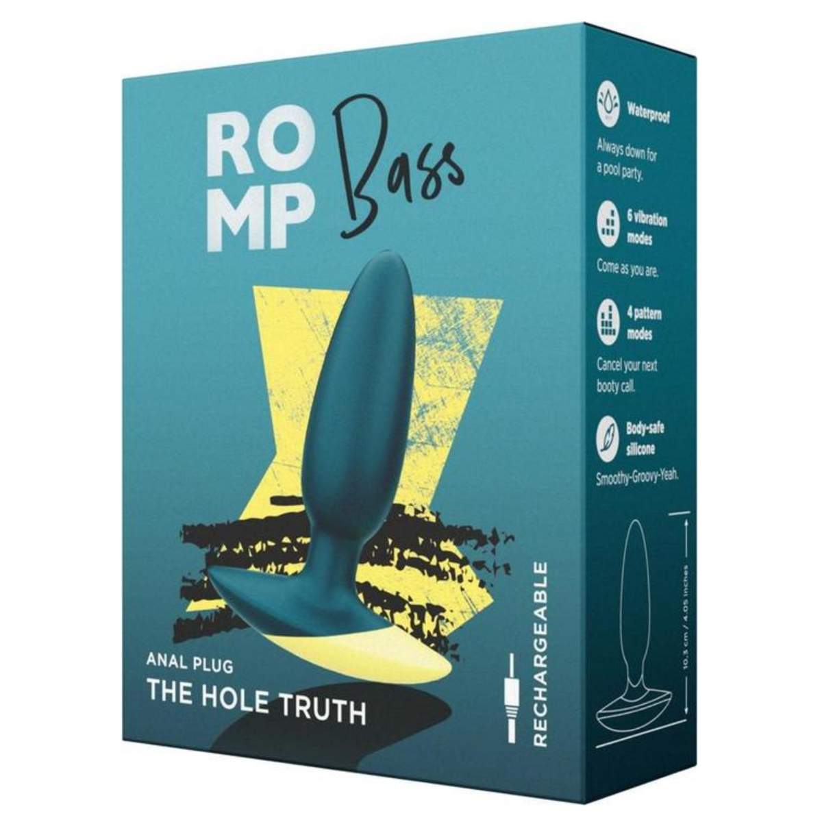Retail box packaging view for the ROMP Bass Vibrating Anal Plug "The Hole Truth" featuring product specs along the side. Hauptbild