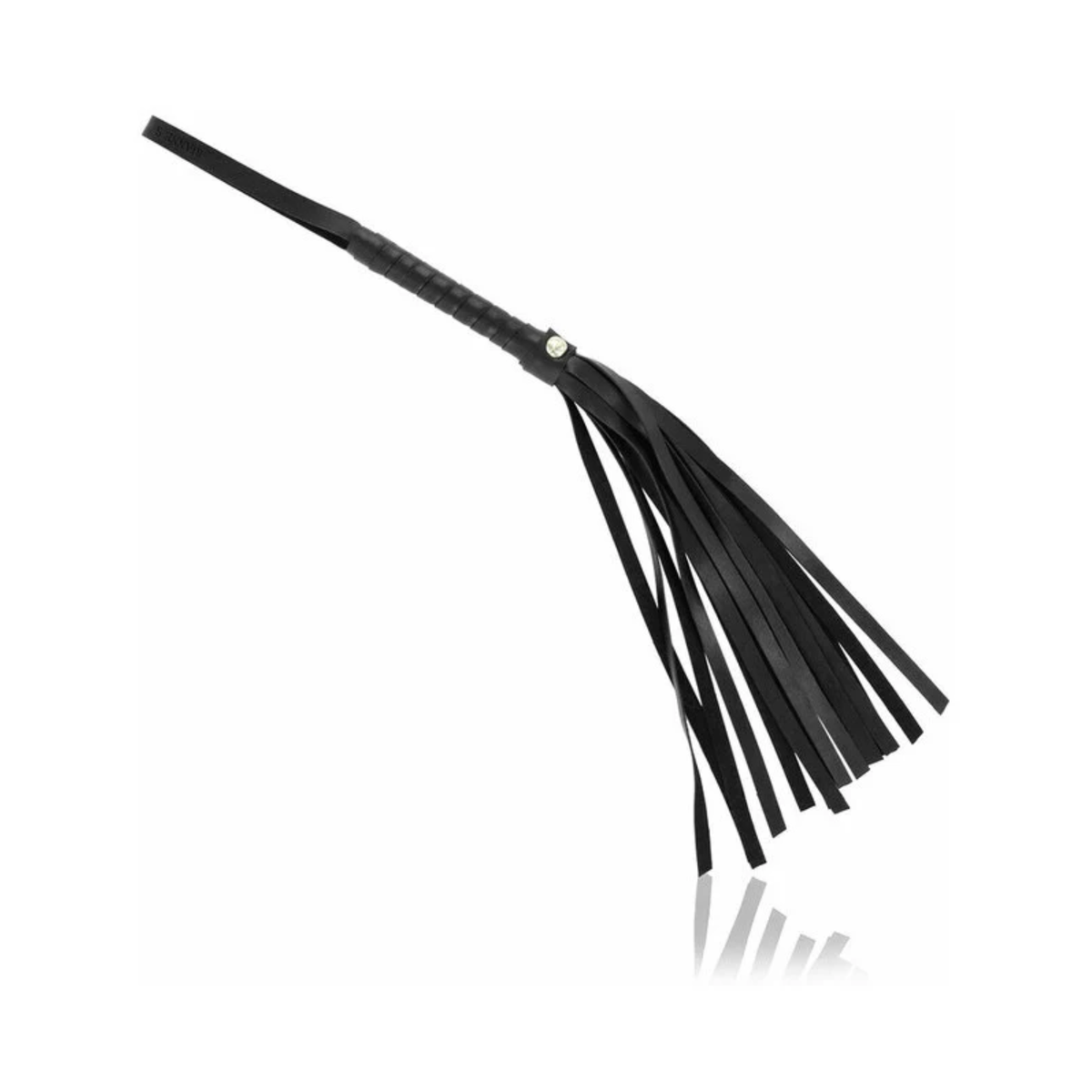 Black faux-leather flogger whip with a wrapped handle, wrist strap, and multiple flexible falling tails.