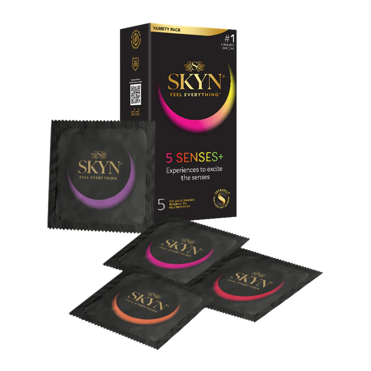 Front view of a black SKYN 5 Senses+ variety pack box with four individual condom foils in purple, pink, and orange displayed in front. Hauptbild