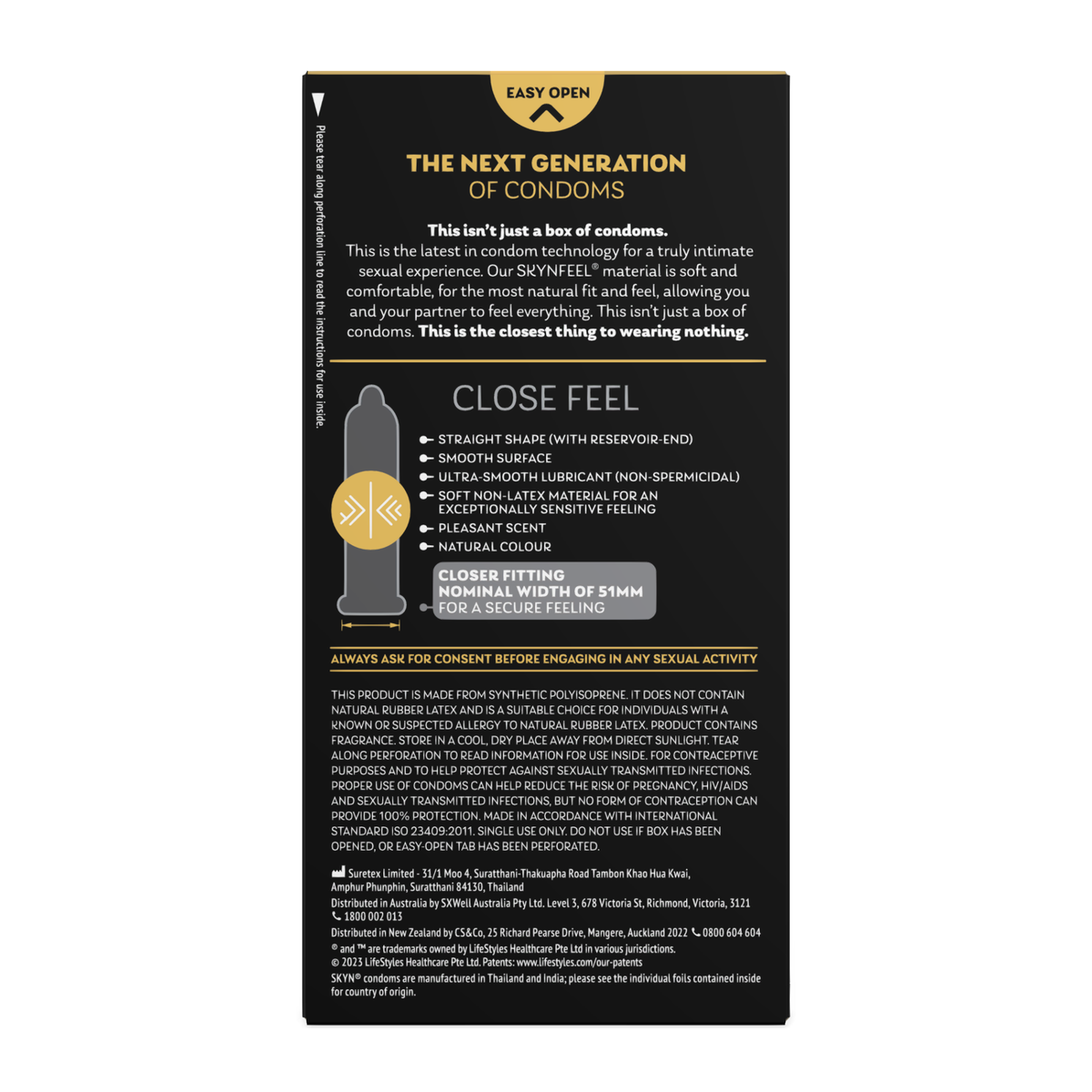 The back of a black SKYN Close Feel condom box featuring detailed product information. It describes the "Next Generation of Condoms" made from SKYNFEEL® non-latex material for a natural fit. Key features listed include a straight shape with a reservoir end, smooth surface, ultra-smooth non-spermicidal lubricant, and a 51mm nominal width for a secure, closer fitting. The bottom section contains safety warnings, storage instructions, and distributor information.