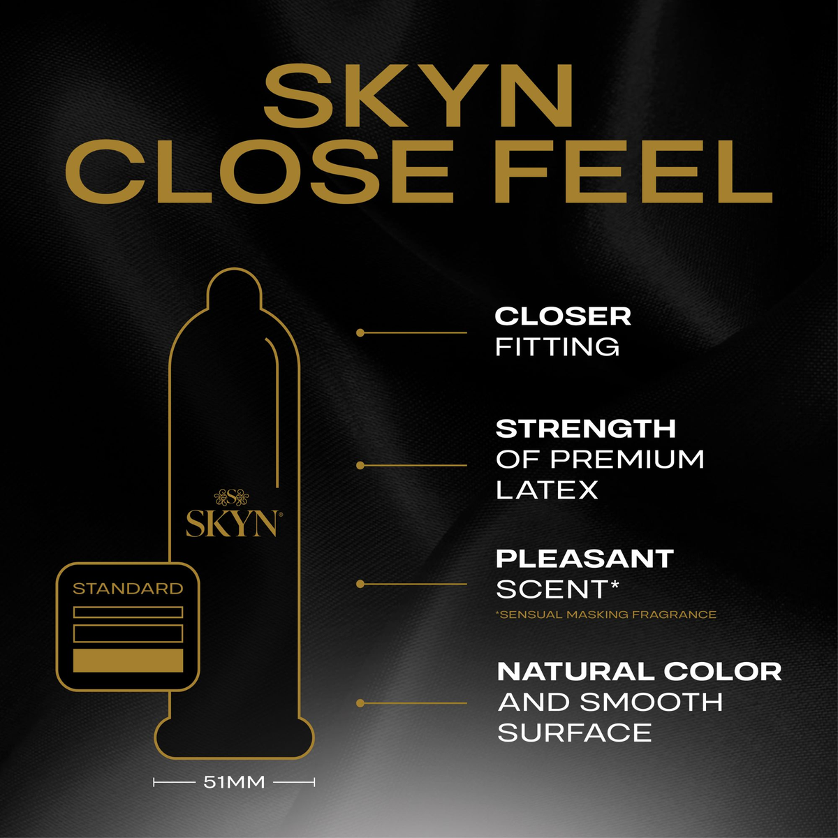 A promotional graphic for SKYN Close Feel condoms set against a dark, textured silk background. An outline of a condom is shown next to four highlighted benefits: Closer Fitting, Strength of Premium Latex, Pleasant Scent (sensual masking fragrance), and Natural Color and Smooth Surface. A measurement indicator at the bottom confirms the 51mm width.