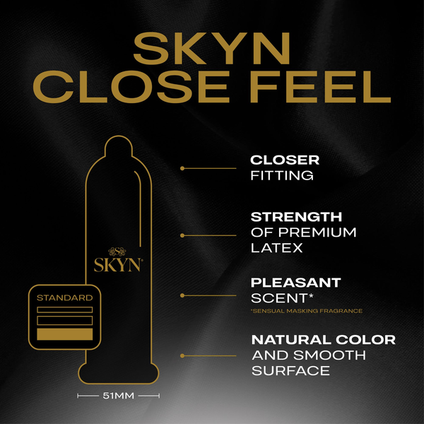 A promotional graphic for SKYN Close Feel condoms set against a dark, textured silk background. An outline of a condom is shown next to four highlighted benefits: Closer Fitting, Strength of Premium Latex, Pleasant Scent (sensual masking fragrance), and Natural Color and Smooth Surface. A measurement indicator at the bottom confirms the 51mm width.