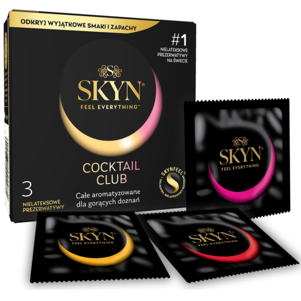 A side view of SKYN Cocktail Club Box of 3 with the three individually wrapped condoms. 
