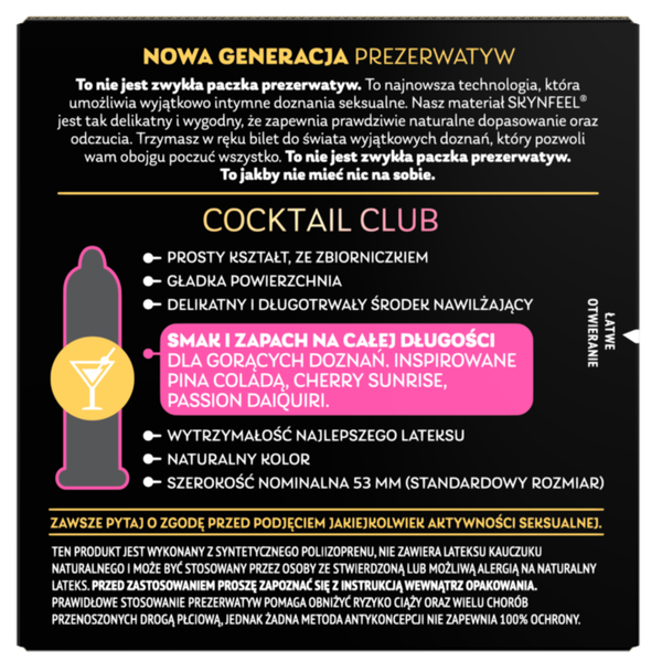 The back view of SKYN Cocktail Club Box of 3, indicating instructions and specifications of condoms in polish language.