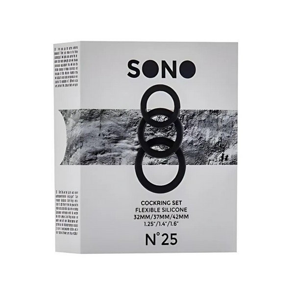 Packaging for the SONO N°25 C-ring Set. Box shows three interlocking black rings and lists the sizes: 32mm, 37mm, and 42mm. The set is made from flexible silicone.