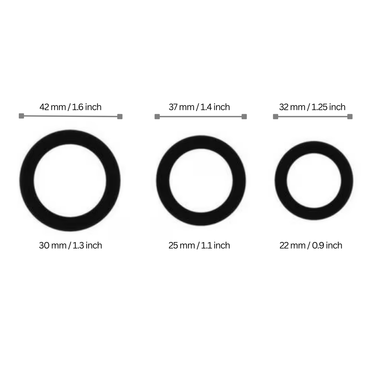 Size guide for a set of three black c-rings, showing their inner and outer diameters. The largest ring is 42mm outer and 30mm inner. The medium ring is 37mm outer and 25mm inner. The smallest ring is 32mm outer and 22mm inner.